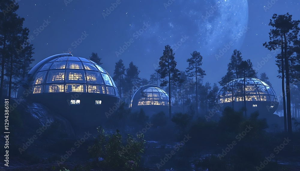 Fototapeta premium Futuristic dome houses in a serene forest with the full moon