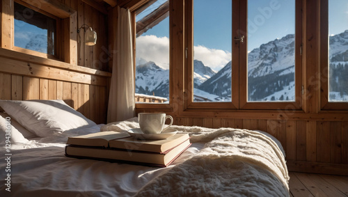 Sunlight softly streams in through the large windows of the wooden chalet. A blanket is spread out on the bed with white bed linen. generative AI