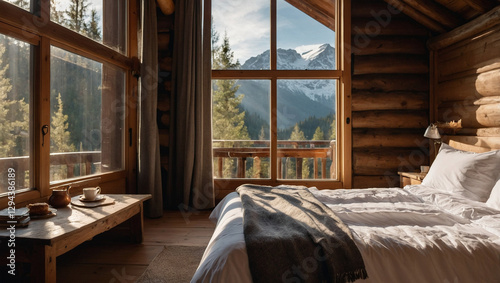 Sunlight softly streams in through the large windows of the wooden chalet. A blanket is spread out on the bed with white bed linen. generative AI