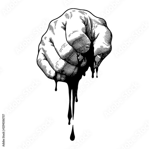 Hand Fist Dripping Bloods Detailed Black and White Outline Line Art Drawing Illustration