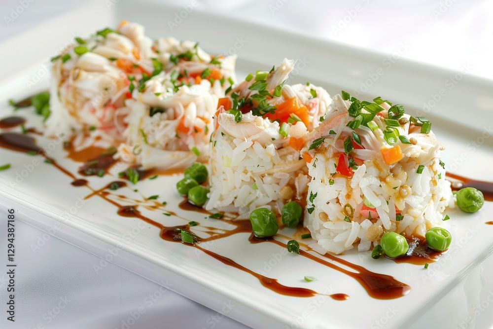 Crab and rice towers topped with fresh herbs and drizzled with savory sauce on white plate Crab and rice towers topped with fresh herbs and drizzled with savory sauce on white plate