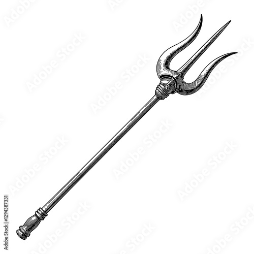 A Long Trident Isolated Full Shot in Detailed Black and White Outline Line Art Drawing