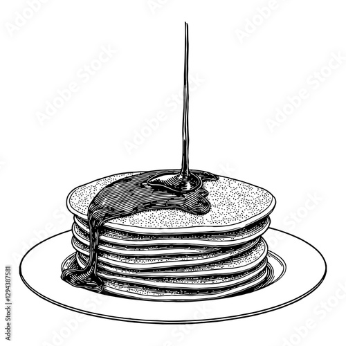 Pancake Stack Pouring Syrup Vintage Style Black and White Outline Line Art Drawing