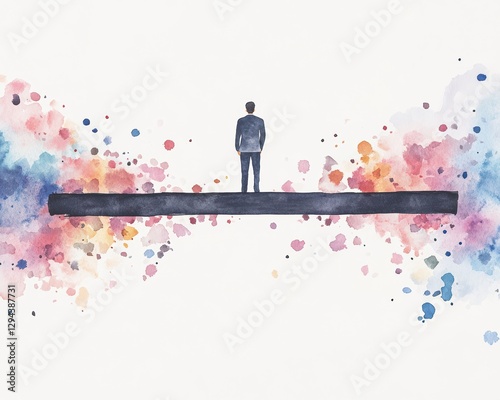 Businessman Stands on Digital Bridge Over Artistic Watercolors