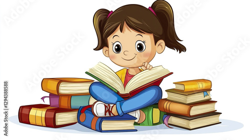 cheerful child reading among stacks of colorful books