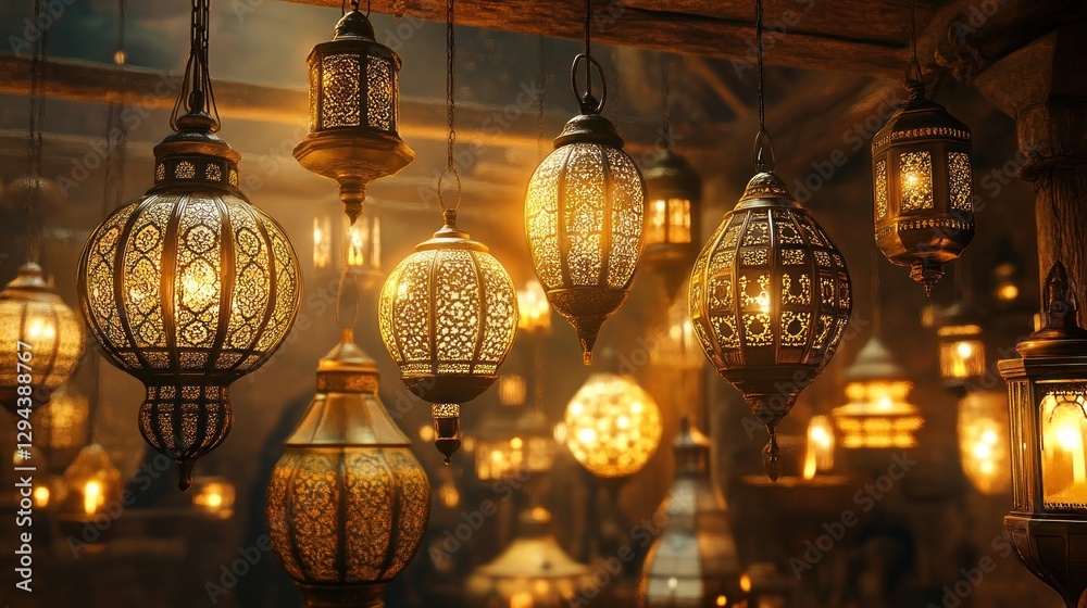 Fototapeta premium A captivating display of antique Islamic lanterns with intricate designs and warm glowing lights
