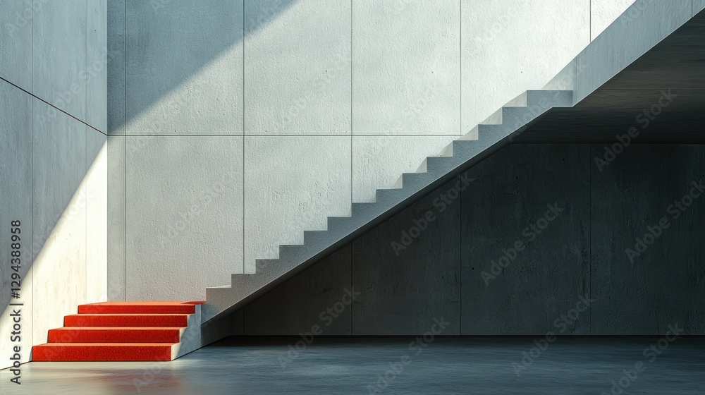 Obraz premium Modern concrete interior with red carpet stairs