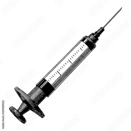 Vintage Syringe Detailed Black and White Medical Tool Outline Line Art Drawing Style