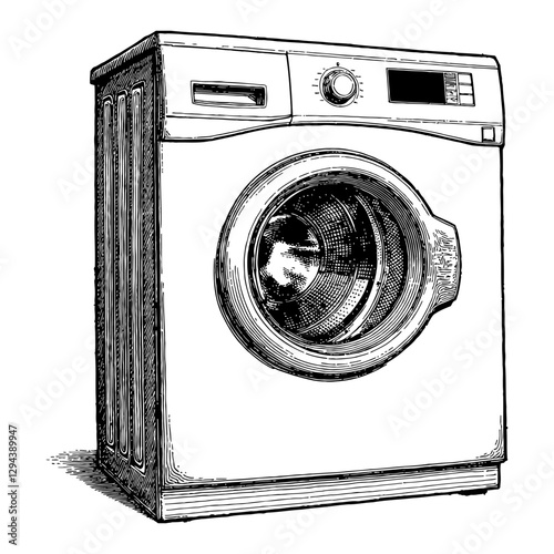 Washing Machine Laundry Appliance in Detailed Black and White Outline Line Art Drawing