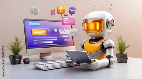 A modern intelligent digital workspace featuring an advanced AI powered robot multiple screens and various digital tools designed to enhance innovation in a futuristic and immersive environment