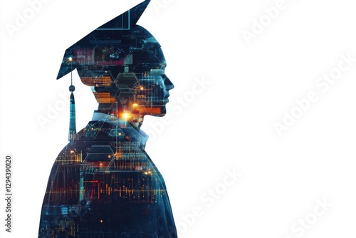 double-exposure silhouette of a figure wearing a cap and gown, with digital graphs and data visualizations in the background, symbolizing integration of advanced technology in education Generative AI