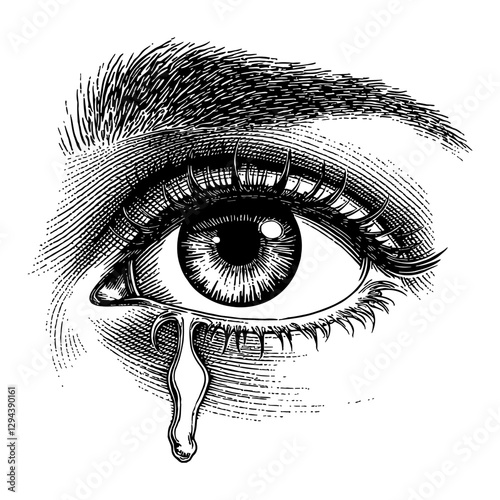 Human Eye Crying With Tear Detailed Monochrome Black and White Outline Line Art Drawing