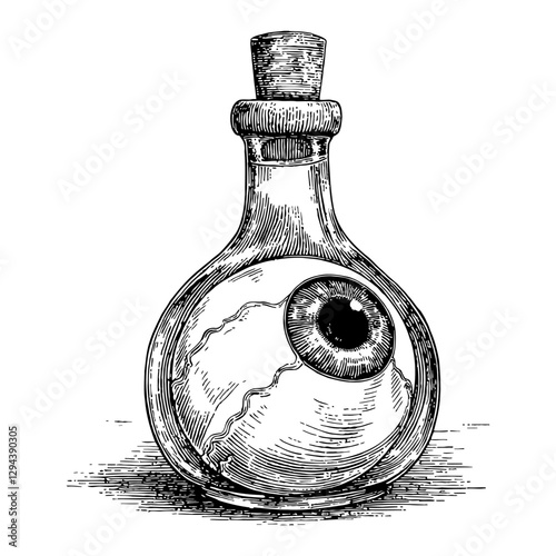 Eyeball Potion in Glass Bottle Detailed Black and White Engraving Outline Line Art Drawing