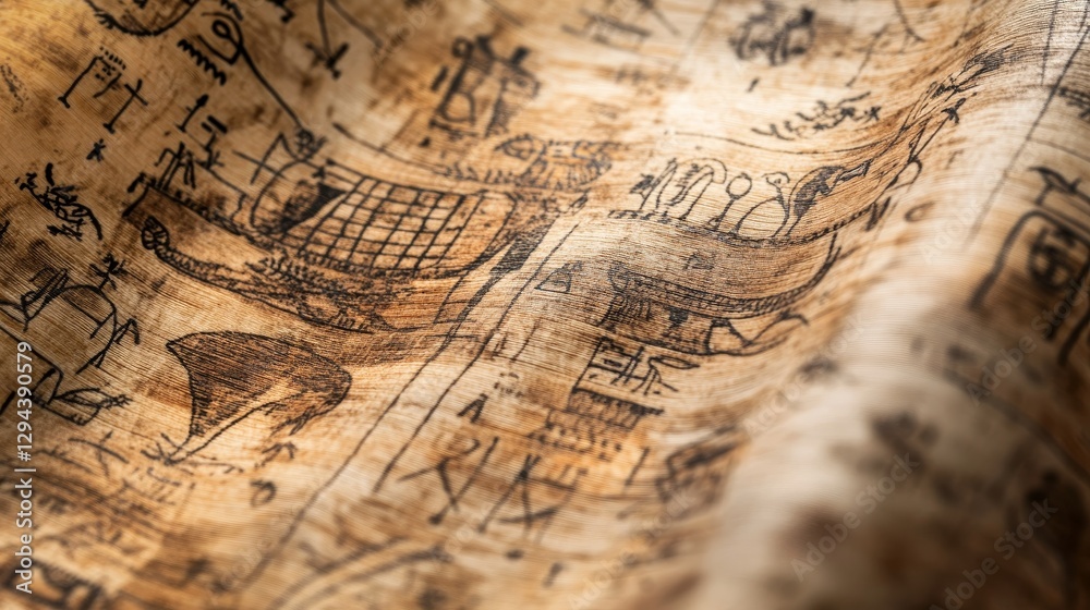 Fototapeta premium Ancient script and boat drawing on weathered papyrus.
