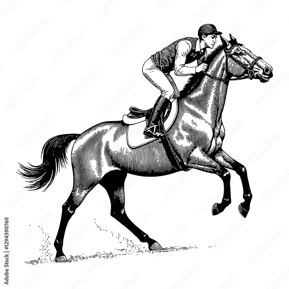 Horse with Jockey Jumping Forward in Black and White Vintage Outline Line Art Drawing Style