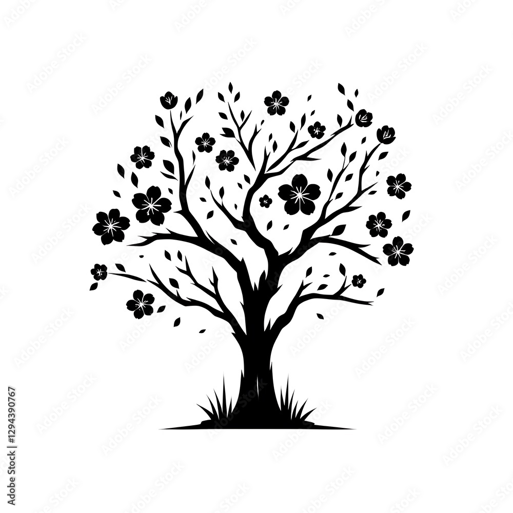 Obraz premium Silhouette of a blossoming tree with ornate branches and flowers, standing on a grassy base.