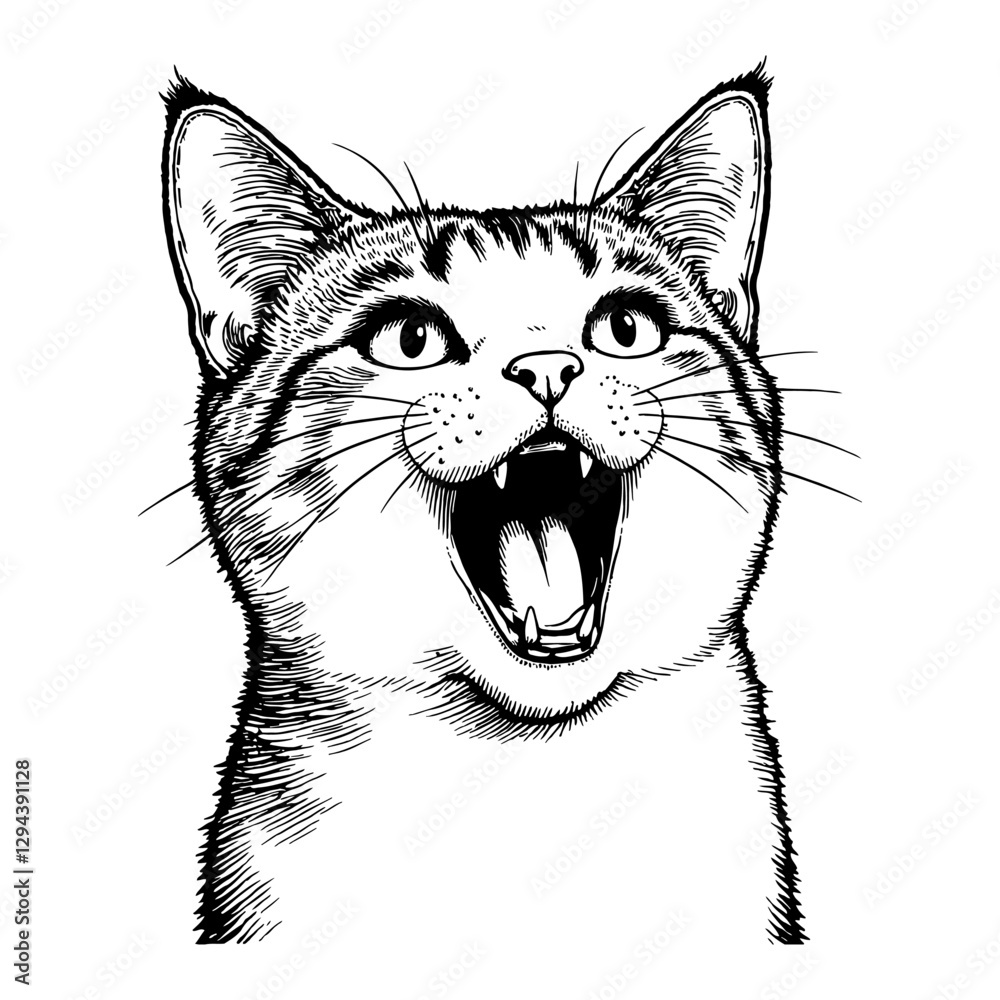 Obraz premium Cat with Shocked Expression Exaggerated Open Mouth in Black and White Outline Line Art Drawing