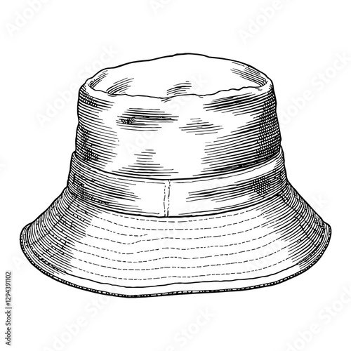 Detailed Bucket Hat Black and White with Outline Line Art Drawing Style on Isolated White