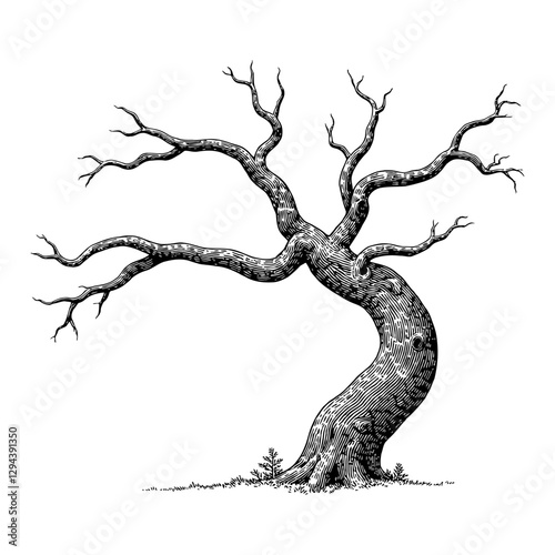 Dead Tree with Curvy Trunk Black and White Outline Line Art Drawing of Detailed Engraving
