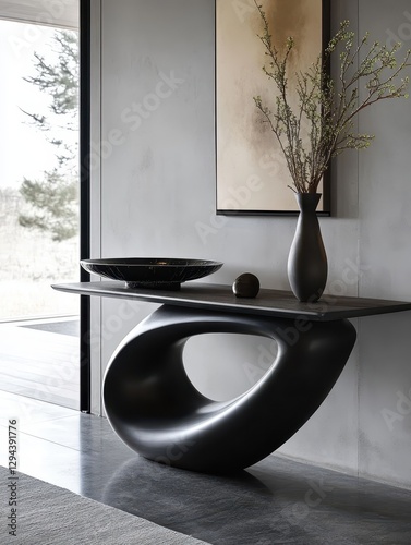 The sculptural console table has a black and gray decor