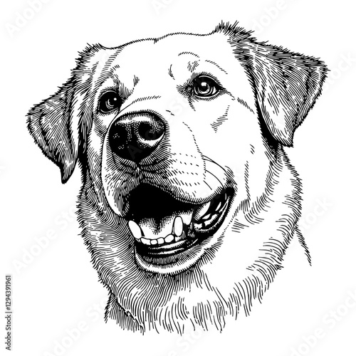Golden Retriever Dog Head Detailed Black and White Outline Line Art Drawing Expression