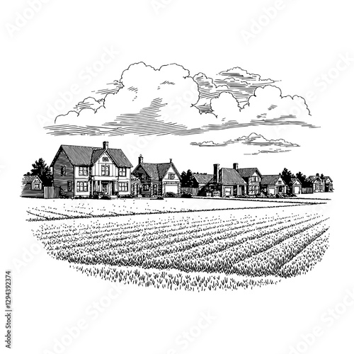 Engraved Village Houses Near The Field With Cloudy Sky Black and White Outline Line Art Drawing