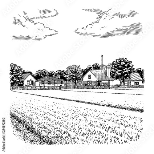 Field near Village Houses with Cloudy Sky in Black and White Outline Line Art Drawing
