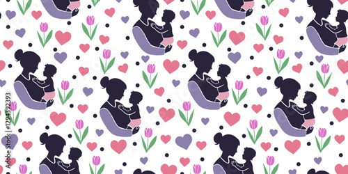 seamless mother's day pattern mother with baby in arms daughter son hearts and flowers tulips pastel delicate background