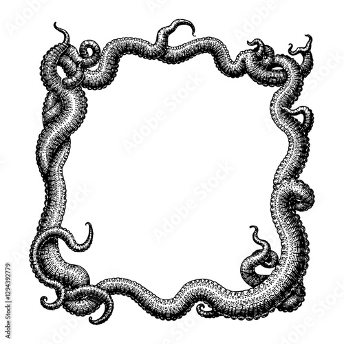 Square Frame Decoration Made of Mutated Tentacles Black and White Outline Line Art Drawing