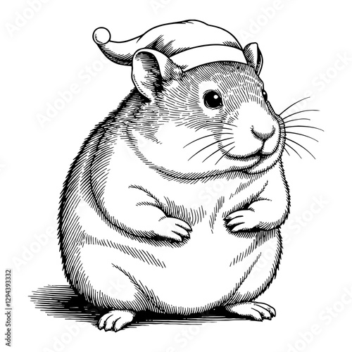 Hamster Wearing Christmas Pajamas Cap Detailed Black and White Outline Line Art Drawing