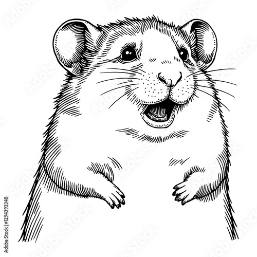 Hamster with Shocked Exaggerated Expression Black and White Outline Line Art Drawing