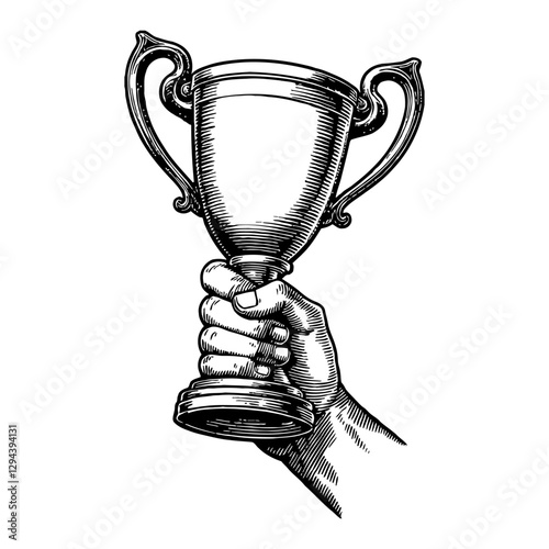 Hand Holding Trophy Award in Victory Gesture Black and White Outline Line Art Drawing
