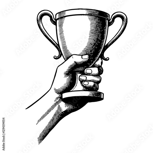 Hand Holding a Trophy Cup Champion Prize Award Black and White Outline Line Art Drawing