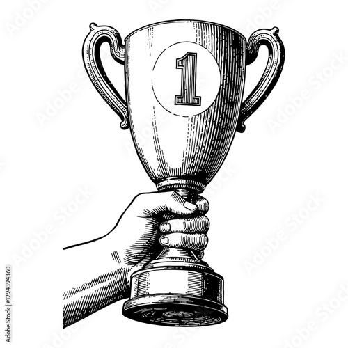 Hand Holding First Place Trophy Award Engraved Black and White Outline Line Art Drawing