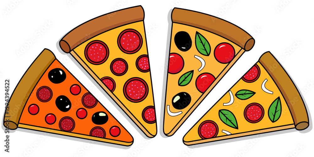 isolated elements for design pizza slices of different types black outline bright modern colors for decor and web illustrations isolated elements for design pizza slices of different types black outline bright modern colors for decor and web illustrations
