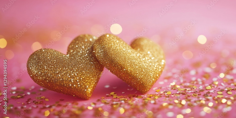 Fototapeta premium Gold Heart Shaped Cookies on Pink Surface