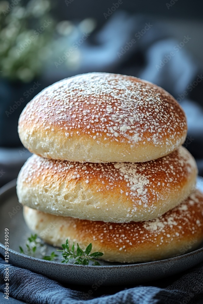 Stacked Brioche Buns Dusted with Flour on Plate with Thyme Sprigs in Soft Light Food Photography Stacked Brioche Buns Dusted with Flour on Plate with Thyme Sprigs in Soft Light Food Photography