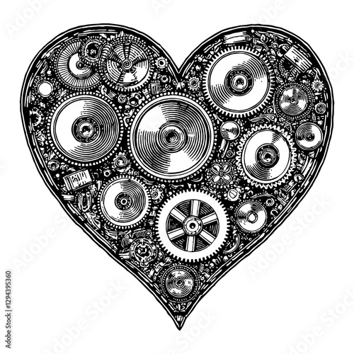 Heart Filled with Gears Steampunk Style Black and White Outline Line Art Drawing Illustration