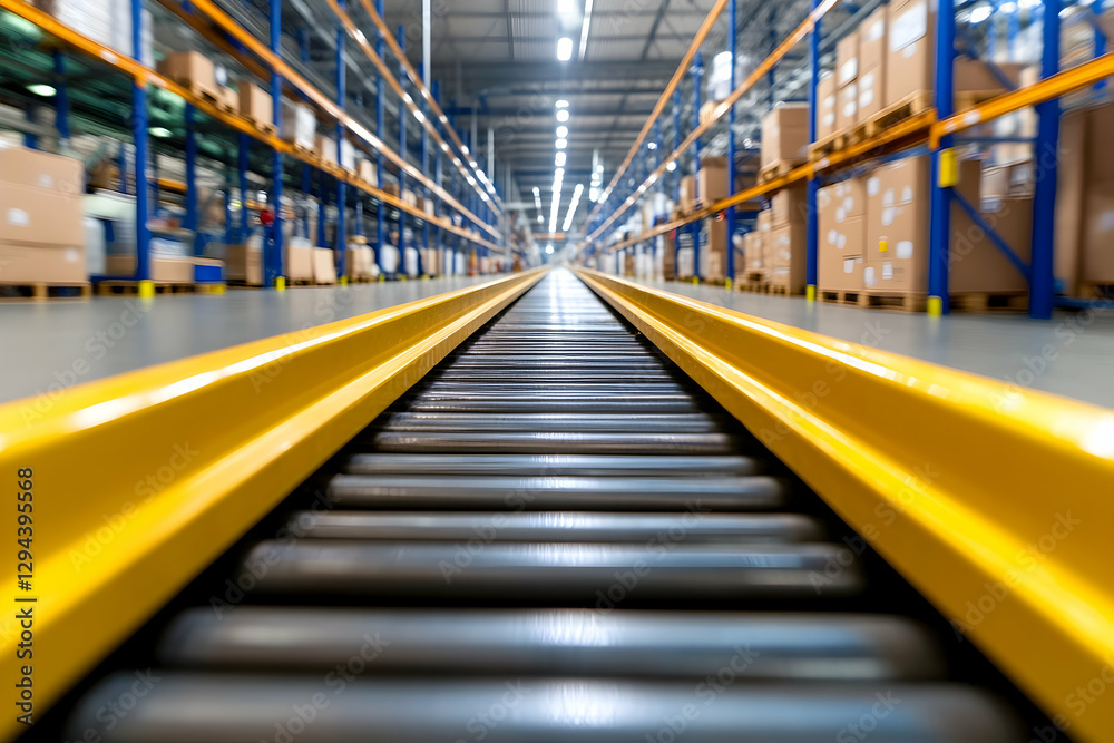 Conveyor Belt in Large Warehouse Distribution Center Conveyor Belt in Large Warehouse Distribution Center