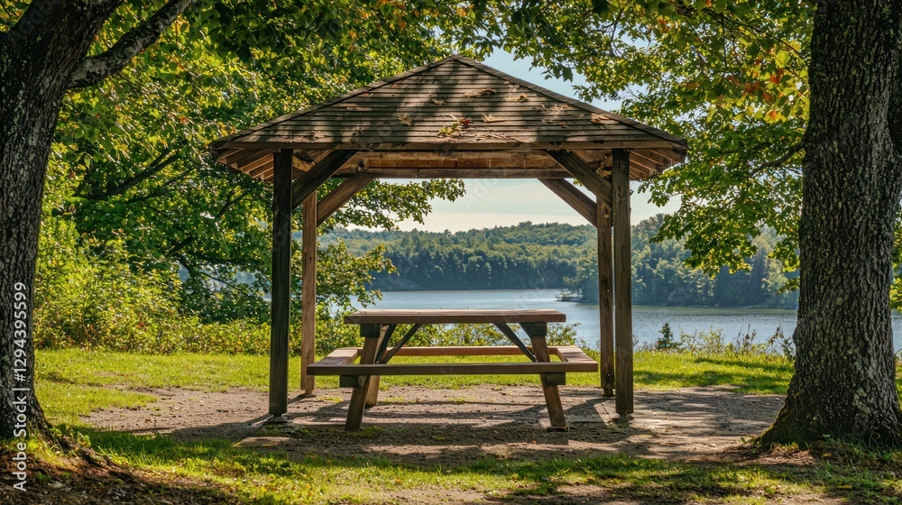 A picnic table under a gazebo with a scenic view A picnic table under a gazebo with a scenic view