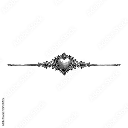 Horizontal Line Divider with Heart Shape and Baroque Style Black and White Outline Line Art Drawing