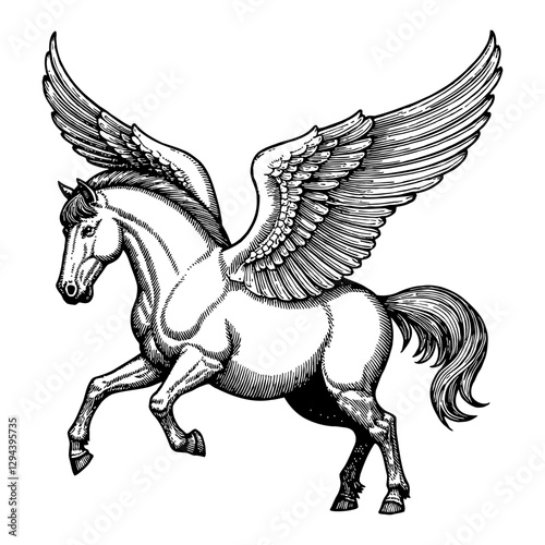 Beautiful Pegasus with Wings in Detailed Black and White Outline Line Art Drawing Illustration