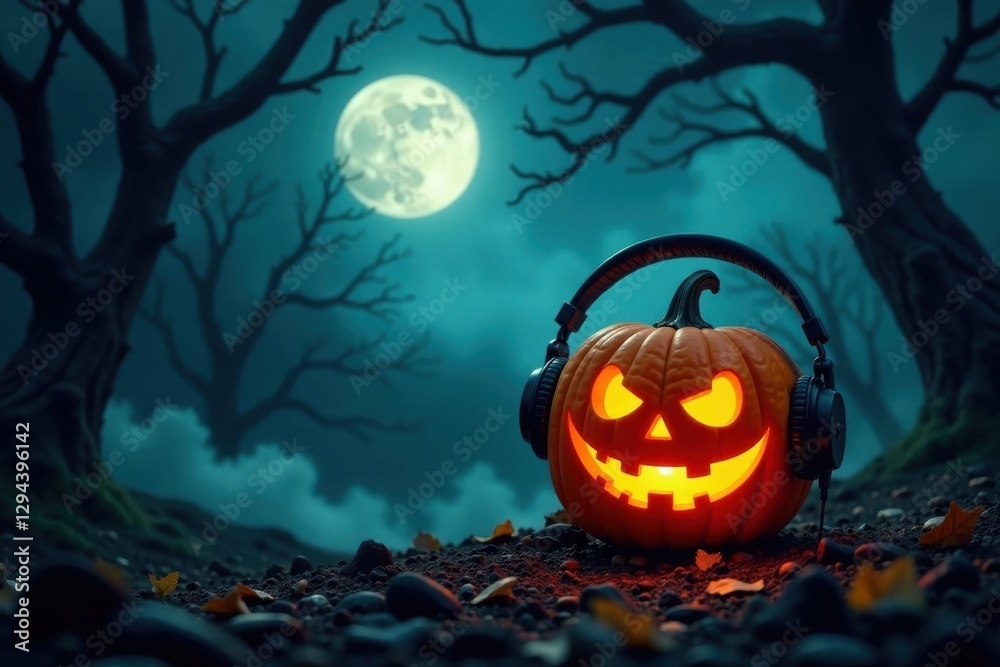 Spooky Season Soundscape Illuminated Jack-o'-lantern with Headphones Enjoys Autumnal Night Music Underneath a Full Moon in a Dark Forest Spooky Season Soundscape Illuminated Jack-o'-lantern with Headphones Enjoys Autumnal Night Music Underneath a Full Moon in a Dark Forest