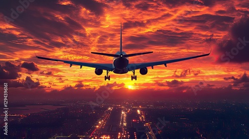 A passenger jet descending towards an airport, flying over a coastal metropolis under a fiery sunset sky.