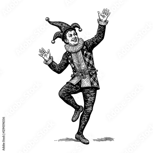 Medieval Jester Dancing with Hat Black and White Outline Line Art Drawing Engraving Style