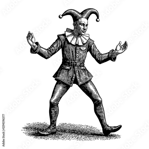 Medieval Jester Dancing with Arms Outstretched in Black and White Outline Line Art Drawing