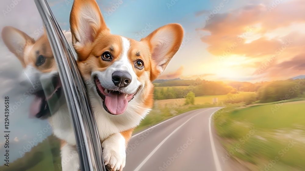 Energetic Corgi embracing the thrill of a road trip head out of the car window sunlit countryside rolling by capturing the joy and excitement of travel and adventure