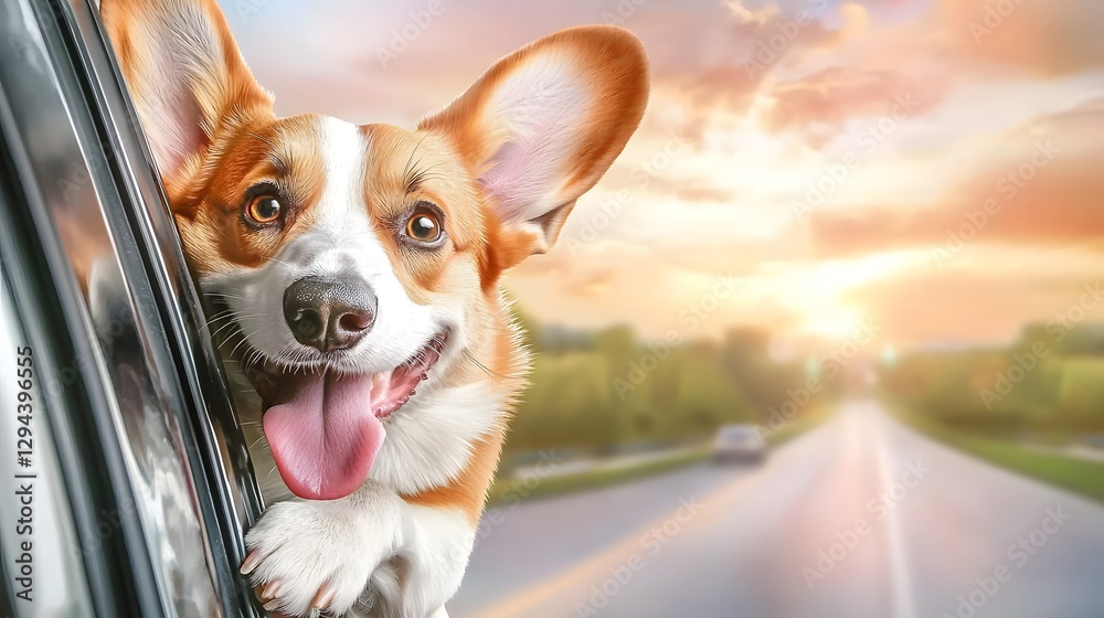 Energetic Corgi Embracing the Thrill of a Scenic Road Trip Its Head Out the Car Window Countryside Rolling By Capturing the Joy and Adventure of Travel