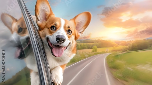 Obraz na płótnie Energetic Corgi embracing the thrill of a road trip head out of the car window sunlit countryside rolling by capturing the joy and excitement of travel and adventure w salonie