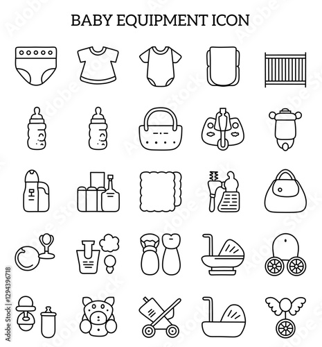 A set of minimalist line icons featuring baby equipment, including diapers, baby bottles, strollers, toys, baby clothes, cribs, and other accessories. Perfect for app design.